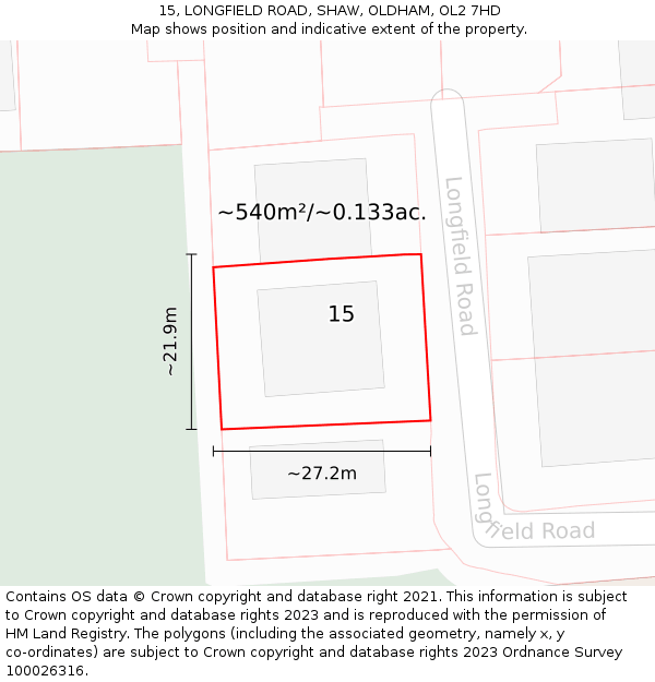 15, LONGFIELD ROAD, SHAW, OLDHAM, OL2 7HD: Plot and title map