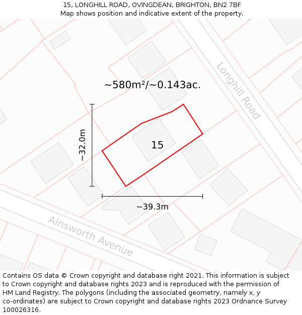 15, LONGHILL ROAD, OVINGDEAN, BRIGHTON, BN2 7BF: Plot and title map