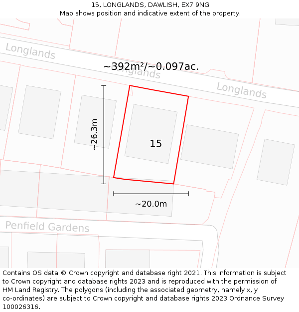 15, LONGLANDS, DAWLISH, EX7 9NG: Plot and title map