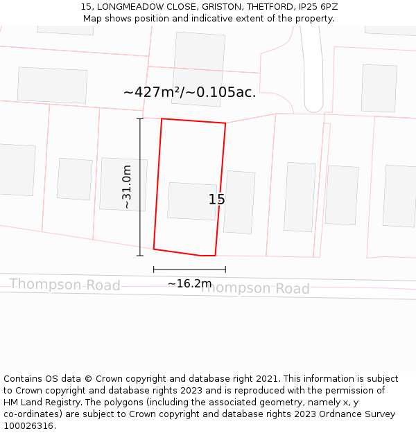 15, LONGMEADOW CLOSE, GRISTON, THETFORD, IP25 6PZ: Plot and title map