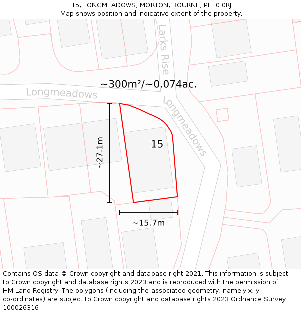 15, LONGMEADOWS, MORTON, BOURNE, PE10 0RJ: Plot and title map