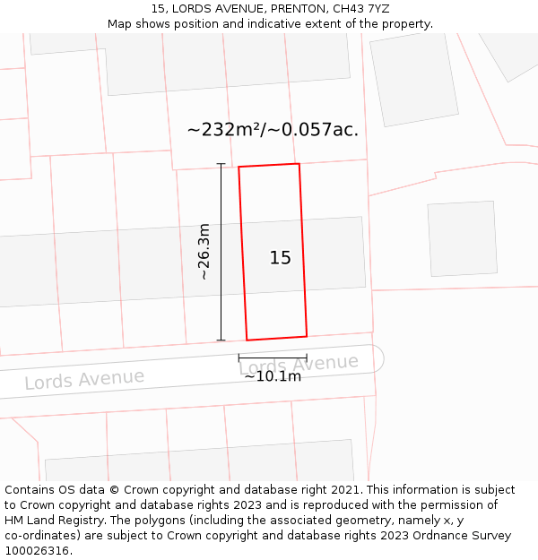 15, LORDS AVENUE, PRENTON, CH43 7YZ: Plot and title map