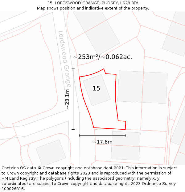 15, LORDSWOOD GRANGE, PUDSEY, LS28 8FA: Plot and title map