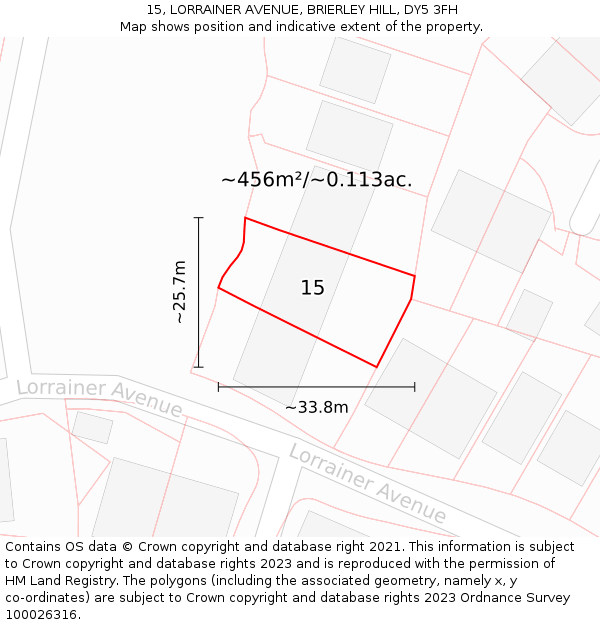 15, LORRAINER AVENUE, BRIERLEY HILL, DY5 3FH: Plot and title map