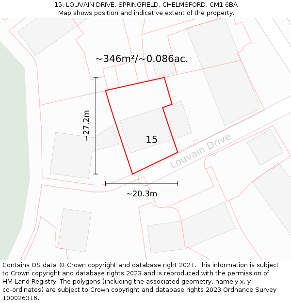 15, LOUVAIN DRIVE, SPRINGFIELD, CHELMSFORD, CM1 6BA: Plot and title map