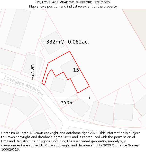 15, LOVELACE MEADOW, SHEFFORD, SG17 5ZX: Plot and title map