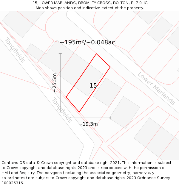15, LOWER MARLANDS, BROMLEY CROSS, BOLTON, BL7 9HG: Plot and title map