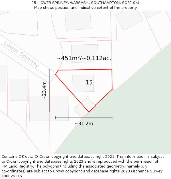 15, LOWER SPINNEY, WARSASH, SOUTHAMPTON, SO31 9NL: Plot and title map
