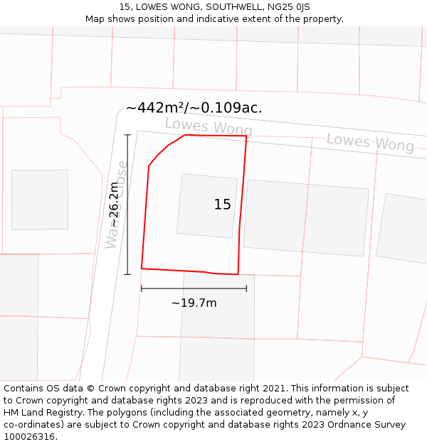 15, LOWES WONG, SOUTHWELL, NG25 0JS: Plot and title map