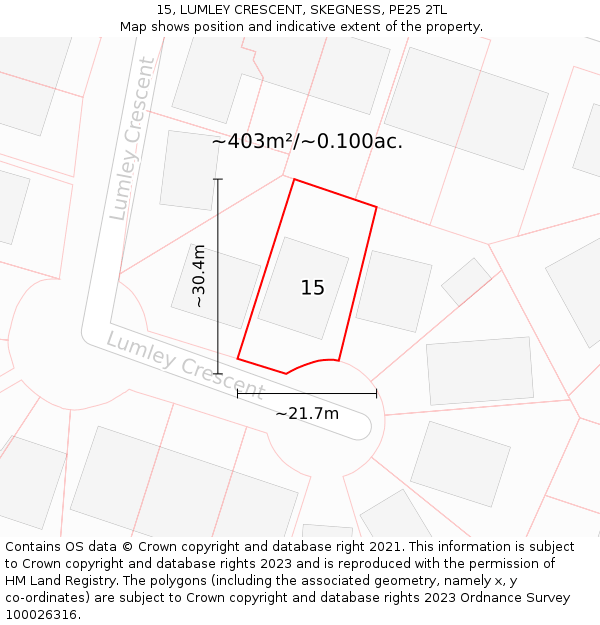 15, LUMLEY CRESCENT, SKEGNESS, PE25 2TL: Plot and title map