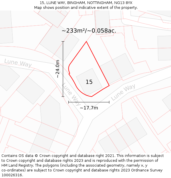 15, LUNE WAY, BINGHAM, NOTTINGHAM, NG13 8YX: Plot and title map