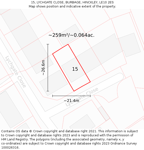 15, LYCHGATE CLOSE, BURBAGE, HINCKLEY, LE10 2ES: Plot and title map