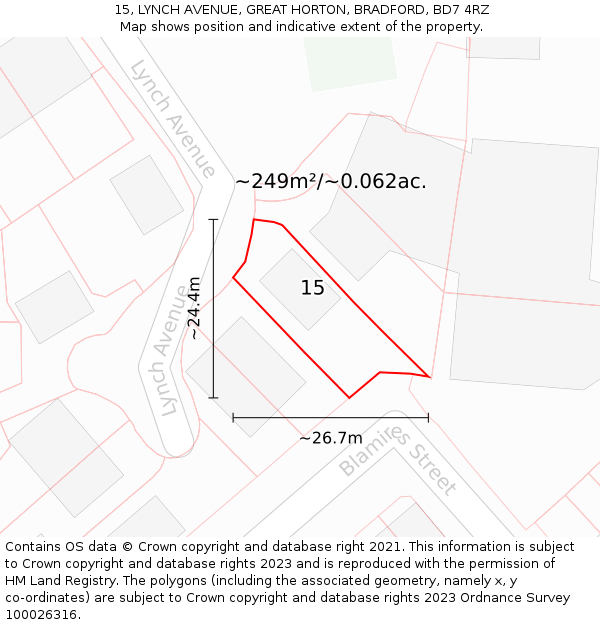 15, LYNCH AVENUE, GREAT HORTON, BRADFORD, BD7 4RZ: Plot and title map