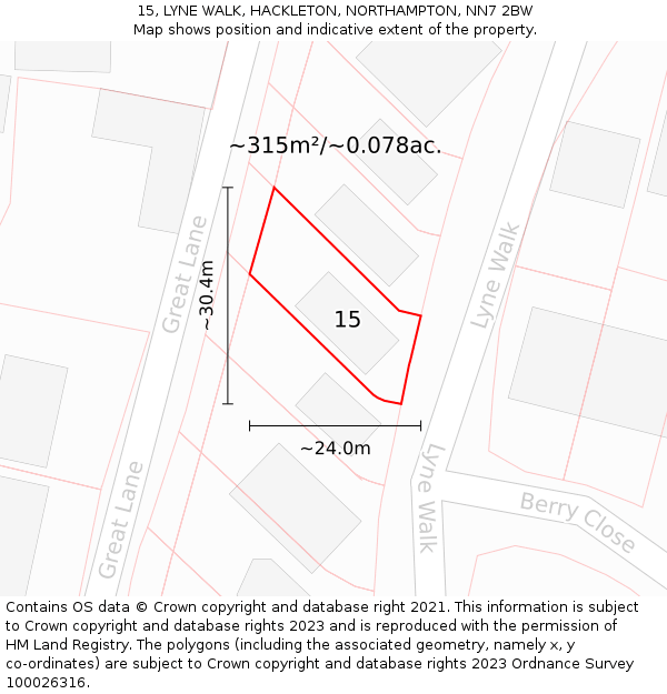 15, LYNE WALK, HACKLETON, NORTHAMPTON, NN7 2BW: Plot and title map