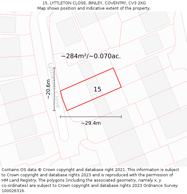 15, LYTTLETON CLOSE, BINLEY, COVENTRY, CV3 2XG: Plot and title map