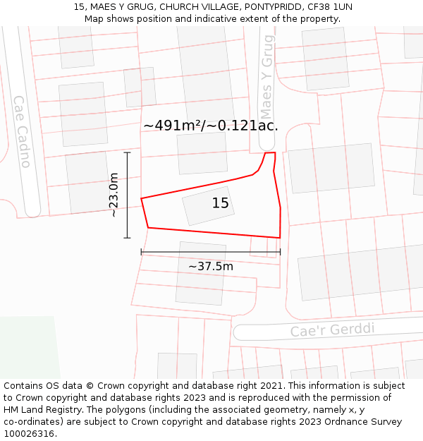 15, MAES Y GRUG, CHURCH VILLAGE, PONTYPRIDD, CF38 1UN: Plot and title map