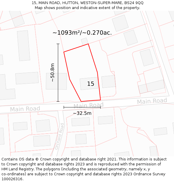 15, MAIN ROAD, HUTTON, WESTON-SUPER-MARE, BS24 9QQ: Plot and title map
