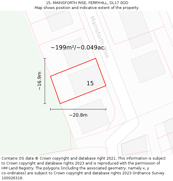 15, MAINSFORTH RISE, FERRYHILL, DL17 0DD: Plot and title map