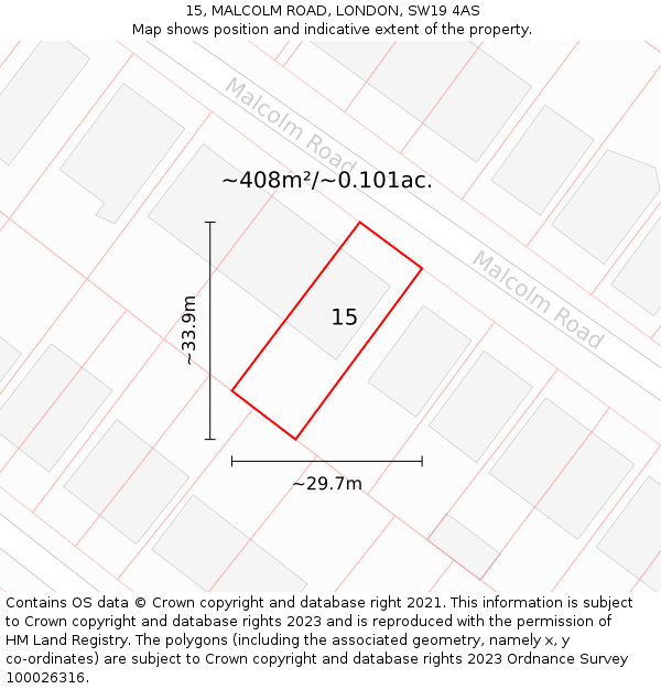 15, MALCOLM ROAD, LONDON, SW19 4AS: Plot and title map