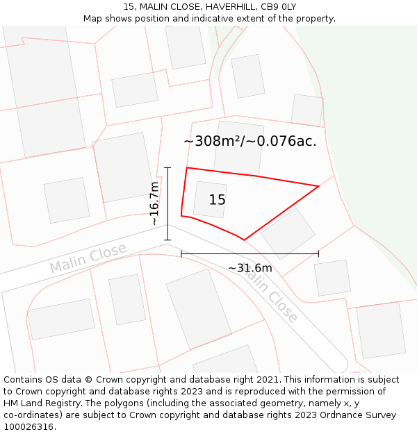 15, MALIN CLOSE, HAVERHILL, CB9 0LY: Plot and title map