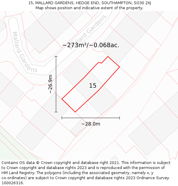 15, MALLARD GARDENS, HEDGE END, SOUTHAMPTON, SO30 2XJ: Plot and title map