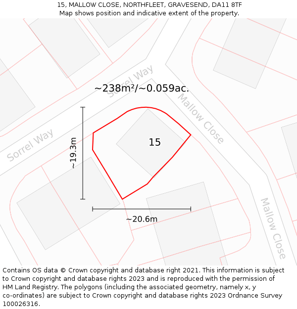 15, MALLOW CLOSE, NORTHFLEET, GRAVESEND, DA11 8TF: Plot and title map