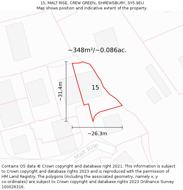 15, MALT RISE, CREW GREEN, SHREWSBURY, SY5 9EU: Plot and title map