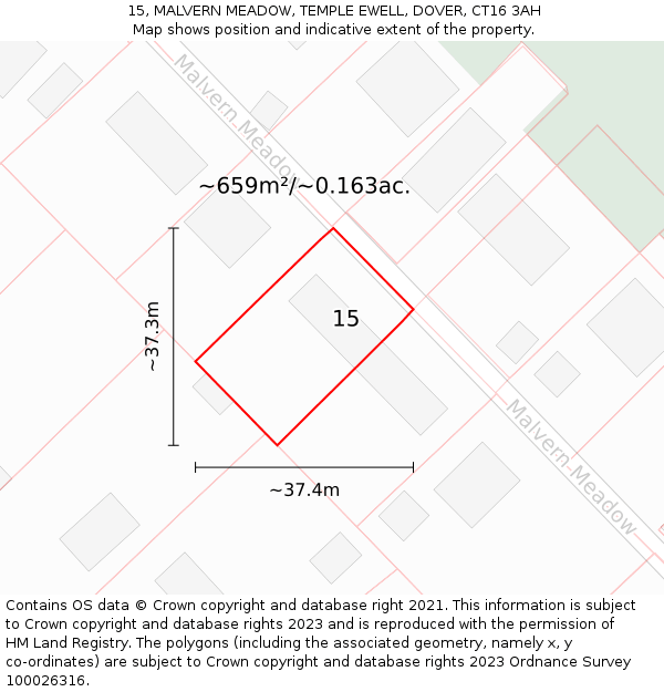 15, MALVERN MEADOW, TEMPLE EWELL, DOVER, CT16 3AH: Plot and title map