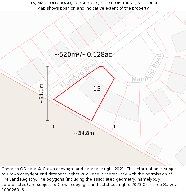 15, MANIFOLD ROAD, FORSBROOK, STOKE-ON-TRENT, ST11 9BN: Plot and title map