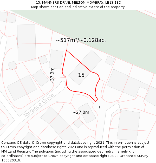 15, MANNERS DRIVE, MELTON MOWBRAY, LE13 1ED: Plot and title map