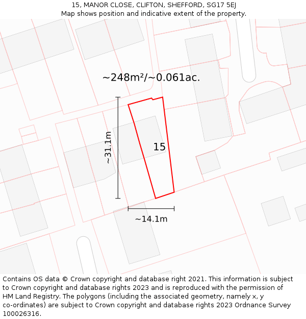 15, MANOR CLOSE, CLIFTON, SHEFFORD, SG17 5EJ: Plot and title map