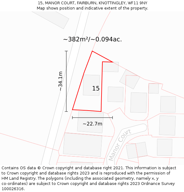 15, MANOR COURT, FAIRBURN, KNOTTINGLEY, WF11 9NY: Plot and title map