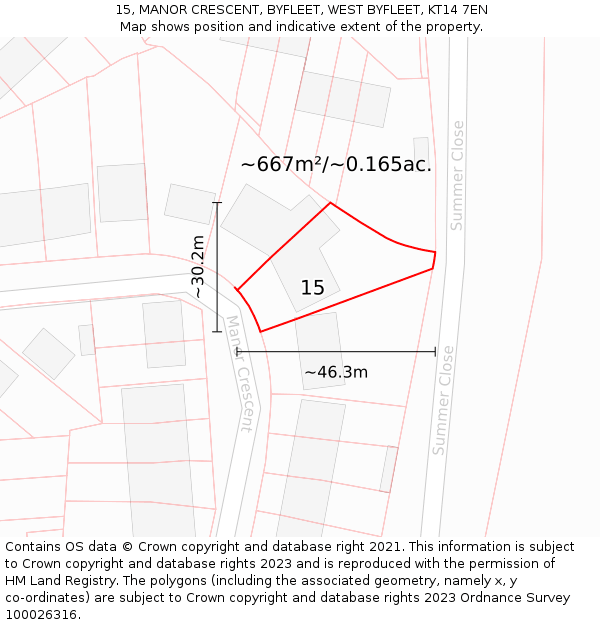 15, MANOR CRESCENT, BYFLEET, WEST BYFLEET, KT14 7EN: Plot and title map