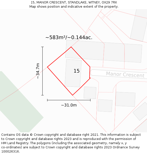 15, MANOR CRESCENT, STANDLAKE, WITNEY, OX29 7RX: Plot and title map