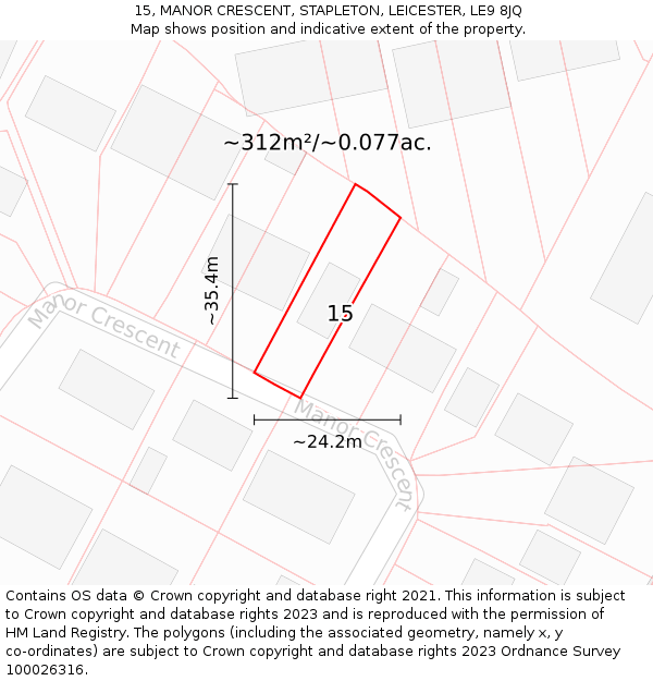 15, MANOR CRESCENT, STAPLETON, LEICESTER, LE9 8JQ: Plot and title map