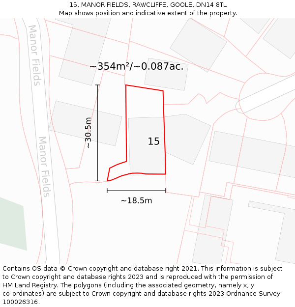15, MANOR FIELDS, RAWCLIFFE, GOOLE, DN14 8TL: Plot and title map