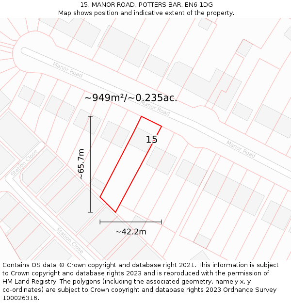15, MANOR ROAD, POTTERS BAR, EN6 1DG: Plot and title map