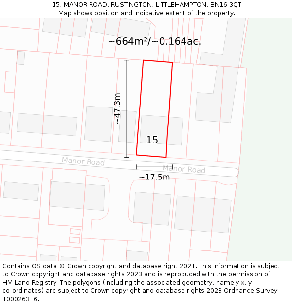 15, MANOR ROAD, RUSTINGTON, LITTLEHAMPTON, BN16 3QT: Plot and title map