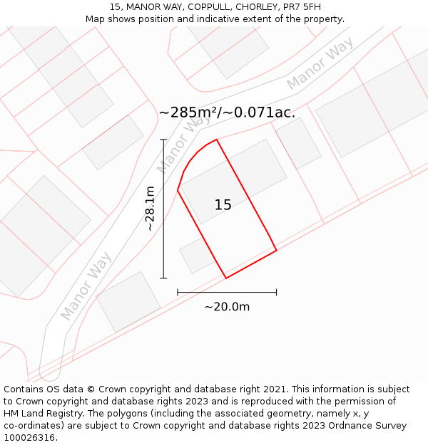 15, MANOR WAY, COPPULL, CHORLEY, PR7 5FH: Plot and title map
