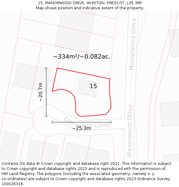 15, MANORWOOD DRIVE, WHISTON, PRESCOT, L35 3RP: Plot and title map