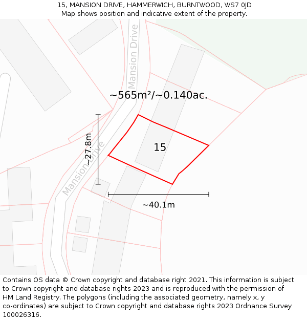 15, MANSION DRIVE, HAMMERWICH, BURNTWOOD, WS7 0JD: Plot and title map