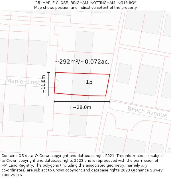 15, MAPLE CLOSE, BINGHAM, NOTTINGHAM, NG13 8GY: Plot and title map