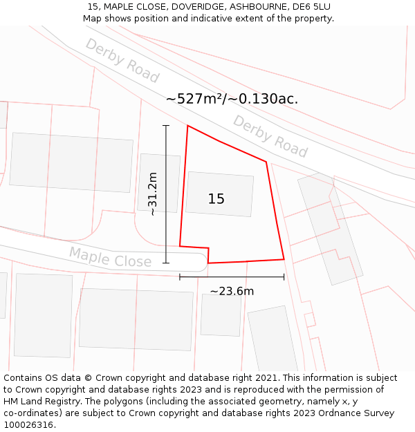 15, MAPLE CLOSE, DOVERIDGE, ASHBOURNE, DE6 5LU: Plot and title map