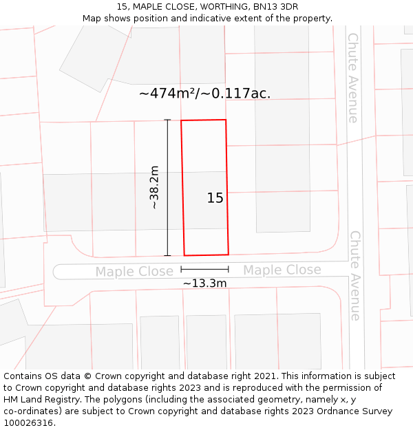 15, MAPLE CLOSE, WORTHING, BN13 3DR: Plot and title map