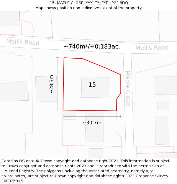 15, MAPLE CLOSE, YAXLEY, EYE, IP23 8DQ: Plot and title map