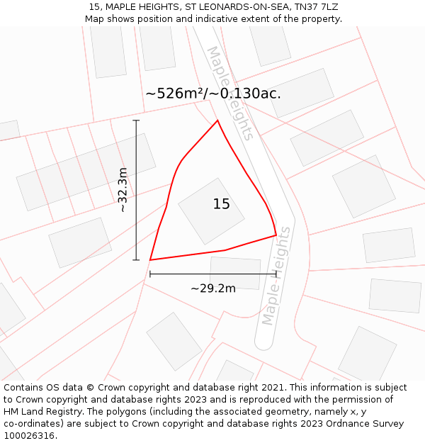 15, MAPLE HEIGHTS, ST LEONARDS-ON-SEA, TN37 7LZ: Plot and title map