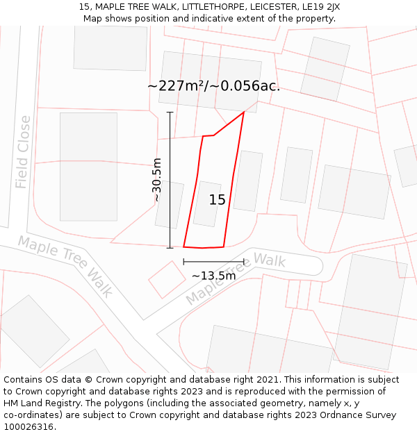 15, MAPLE TREE WALK, LITTLETHORPE, LEICESTER, LE19 2JX: Plot and title map