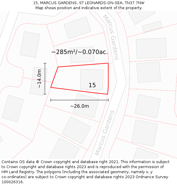15, MARCUS GARDENS, ST LEONARDS-ON-SEA, TN37 7NW: Plot and title map