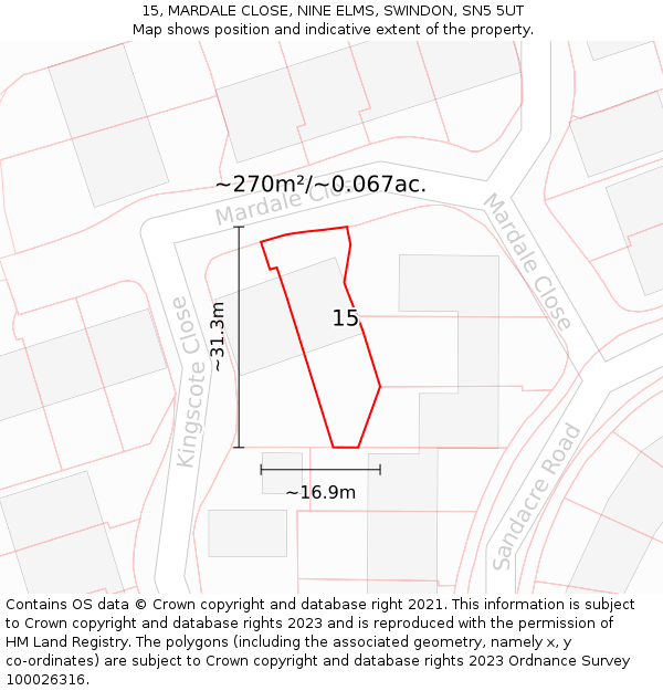 15, MARDALE CLOSE, NINE ELMS, SWINDON, SN5 5UT: Plot and title map