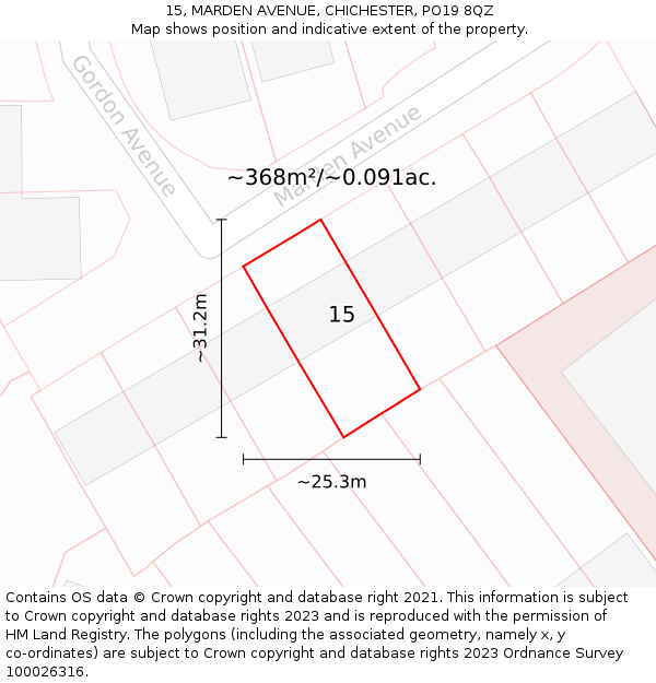 15, MARDEN AVENUE, CHICHESTER, PO19 8QZ: Plot and title map